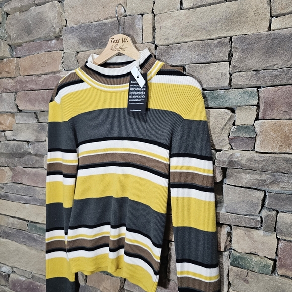 Silvian Heach Yellow Green mock neck striped sweater Large NWT - Picture 2 of 8